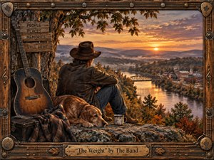 A weathered traveler and loyal dog rest on a rocky overlook above a quiet riverside town glowing beneath an autumn sunset. Warm amber, rust, and brown tones create a reflective Americana mood. A worn guitar, blanket, mug, distant bridge, misty hills, and handcrafted wood-and-metal frame enrich the nostalgic, painterly composition.