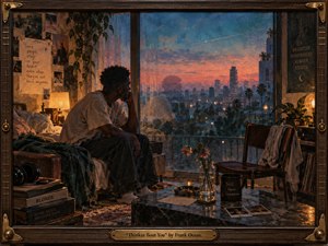 A solitary man sits beside a wide window at dusk, gazing across a palm-lined city glowing beneath a coral and blue sky. Warm lamplight softens the intimate room, where photographs, flowers, books, and an empty chair suggest memory and longing. Painterly textures, reflections, and weathered details deepen the contemplative mood.