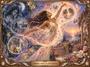 A radiant woman rises through a dreamlike flow of memories, surrounded by glowing bubbles, drifting petals, and moonlit shadows. Deep blues transition into warm gold, pink, and violet as sorrow gives way to reunion and joy. Ornate details, luminous textures, and sweeping movement create a romantic, handcrafted fantasy atmosphere.