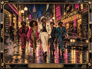A stylish group strides confidently through a rain-slicked neon city street, surrounded by glowing marquees, vintage cars, musicians, and nightlife crowds. Rich gold, magenta, teal, and black tones shimmer in reflected light. The detailed mixed-media painting blends retro funk glamour, cinematic energy, ornate textures, and a bold handcrafted frame.