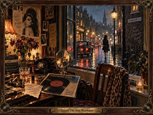 A rain-soaked London night unfolds beyond a warmly lit vintage room, where records, a rotary phone, flowers, lipstick, and a whiskey glass suggest lingering memory and longing. Amber lamplight contrasts with deep blues and wet street reflections, while a solitary woman recedes outside. Rich painterly detail creates soulful, nostalgic intimacy.