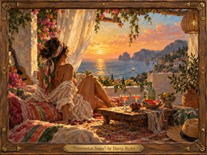 A woman relaxes on a sunlit Mediterranean terrace overlooking a glowing sea and rugged coastline. Warm coral, gold, cream, and turquoise tones create a dreamy summer mood. Rich painterly textures, flowing curtains, flowers, fruit, wine, rustic wood, and soft sunset light give the scene romantic, handcrafted warmth.