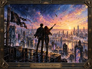 Two figures stand together on a weathered rooftop above a sprawling futuristic city, facing a brilliant sunrise. Deep blues, violet clouds, and glowing gold light create a hopeful, triumphant mood. Thick painterly textures, reflective streets, soaring birds, distant towers, and an ornate industrial-metal frame give the scene cinematic depth and handcrafted character.