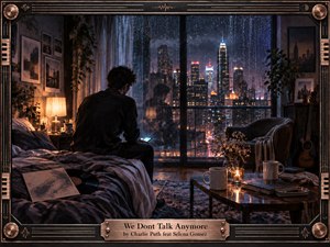 A solitary man sits on an unmade bed, staring at his phone beside rain-streaked windows overlooking a glowing city skyline. Warm lamplight contrasts with cool blue night tones, creating a mood of distance and longing. Records, photographs, flowers, candles, and a guitar enrich the intimate, cinematic realism.