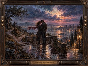 A couple embraces on a rain-slick hillside terrace overlooking a glowing city and river at twilight. Deep blues, violet clouds, amber lights, and a fiery sunset create a romantic, bittersweet mood. Rich painterly textures, reflective stone, windswept clothing, distant bridges, and an ornate music-inspired frame add dramatic, handcrafted detail.