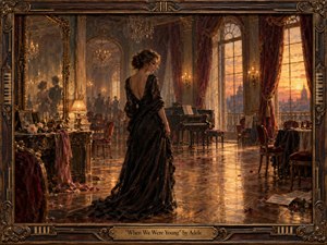 A solitary woman in a flowing black gown stands in an opulent, fading ballroom, surrounded by mirrored reflections, chandeliers, roses, and a grand piano. Warm sunset light pours through tall windows, casting amber reflections across polished floors. Rich burgundy, gold, and charcoal tones create a nostalgic, romantic oil-painted atmosphere.