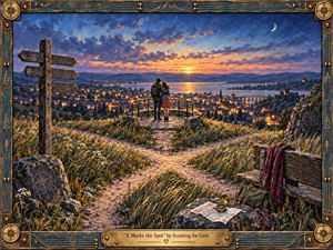 A young couple stands together on a hilltop overlook above a glowing lakeside town at sunset. A winding path, weathered signpost, map, compass, and bench suggest searching and discovery. Rich blues, golds, and warm orange light create a romantic, hopeful mood in a detailed, textured painterly style.