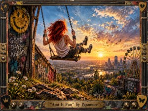 A red-haired young woman swings high above a sprawling city at sunset, framed by weathered metal, guitar strings, picks, and amplifier knobs. Warm gold, rust, blue, and violet tones create an energetic yet reflective mood, while graffiti, wildflowers, a Ferris wheel, and distant skyline enrich the textured, painterly composition.