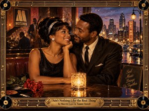 A warmly lit 1960s soul-club scene centers on an affectionate couple sharing a quiet, joyful moment beside a glowing candle. Rich amber, black, red, and gold tones create romantic nostalgia, while musicians, rainy Detroit streets, vintage cars, roses, records, and an ornate music-themed frame reinforce the handcrafted Motown-inspired atmosphere.