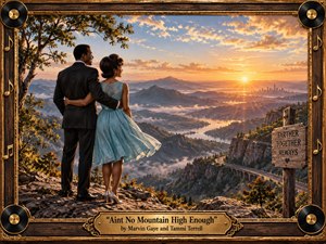 A stylish couple stands arm in arm on a rocky overlook above a vast mountain valley, glowing city, winding roads, and misty waterways. Warm sunset light fills the scene with hopeful romance. Rich wood, brass, vinyl records, and musical motifs frame the detailed retro-soul artwork with handcrafted elegance.