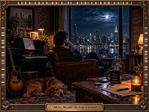 A solitary man sits beside a piano in a warmly lit apartment, gazing across a rain-streaked window toward a luminous night skyline. Deep blues and amber tones create a reflective, melancholy mood, while a resting dog, guitar, records, photographs, candlelight, and ornate musical framing enrich the cinematic, nostalgic composition.
