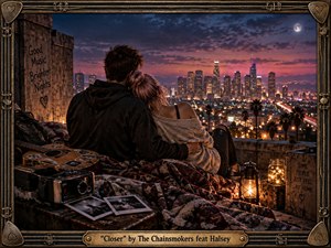 A young couple sits closely together on a rooftop overlooking a glowing city at twilight, surrounded by blankets, a guitar, vintage camera, photographs, lanterns, and warm string lights. Deep blues, pink skies, and amber illumination create a nostalgic, intimate mood, framed by ornate weathered metalwork and a brass title plate.