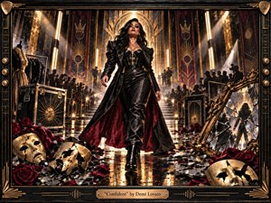 A commanding woman strides through a lavish Art Deco runway, dressed in sculpted black leather with deep crimson lining. Golden spotlights, mirrored fragments, shattered masks, roses, and silhouetted onlookers create a defiant, theatrical mood. Rich black, gold, and burgundy tones emphasize power, glamour, resilience, and unapologetic self-possession.