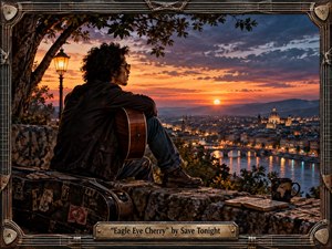 A lone guitarist sits on a stone overlook above a glowing riverside city at sunset, creating a reflective, bittersweet mood. Warm orange light fades into deep blue clouds, while lamps, bridges, distant architecture, a worn guitar case, notebook, and mug add intimate detail. A guitar-inspired frame completes the handcrafted cinematic composition.