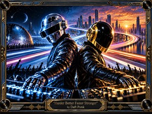 Two helmeted robotic musicians command a glowing electronic console above an energized crowd, set against a futuristic city split between cool moonlit blues and fiery sunset orange. Sweeping light trails create speed and momentum, while reflective metallic surfaces, dramatic highlights, and a detailed industrial frame give the polished digital painting a powerful retro-futurist intensity.