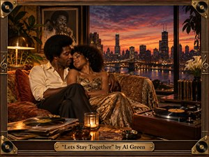 A warmly lit 1970s couple relaxes closely on a plush sofa overlooking a glowing city skyline at sunset. Amber lamps, vinyl records, rich wood, brass details, and patterned fabrics create an intimate soul-era atmosphere. Deep oranges, browns, and golds reinforce the romantic mood, framed with elegant musical ornamentation.