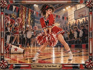 A spirited cheerleader dominates a lively school gymnasium, framed by marching musicians, spectators, banners, and gleaming hardwood. Vivid red, black, and white colors heighten the playful 1980s energy, while warm overhead lights create nostalgic sparkle. Painterly textures, reflective flooring, pom-poms, and a decorated musical frame complete the exuberant scene.