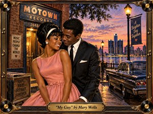 A stylish 1960s couple shares a tender moment outside a glowing Detroit record shop at sunset. Warm coral, gold, and deep blue tones illuminate wet streets, vintage cars, and a shimmering skyline. The richly textured, painterly scene is framed with ornate musical details, vinyl records, and an engraved title plate.