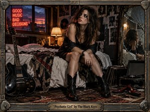A troubled young woman sits on a rumpled bed in a dim, cluttered music-filled room, framed by guitars, records, neon light, and a shattered mirror. Warm amber lamps contrast with red and blue dusk tones, creating a tense, restless mood. The gritty cinematic realism feels raw, intimate, and emotionally volatile.