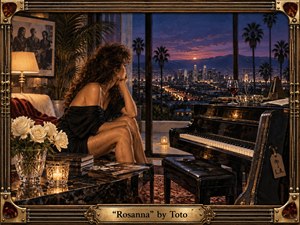 A contemplative woman sits beside a glossy grand piano in a luxurious Los Angeles interior, gazing toward a palm-lined city glowing at dusk. Warm candlelight, roses, wine, and polished wood contrast with the cool violet skyline, creating a wistful, romantic mood. Rich oil-paint textures and ornate musical framing enhance the nostalgic 1980s atmosphere.