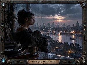 A contemplative woman sits beside rain-streaked glass overlooking a glowing riverside city at dusk. Cool blue-gray tones contrast with warm amber windows, bridge lights, and reflections on the water. The cinematic composition blends intimate melancholy with urban grandeur, framed by ornate distressed metalwork, teardrop ornaments, and a handcrafted plaque, creating a richly textured, atmospheric artwork.
