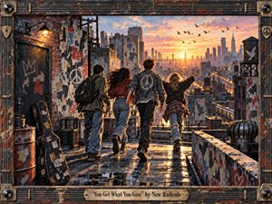 Four young friends stride across a weathered city rooftop toward a glowing sunrise, surrounded by peeling brick, graffiti, water towers, and distant skyscrapers. Warm orange light reflects in puddles, contrasting with cool grays and blues. The richly textured, painterly scene feels rebellious, hopeful, energetic, and defiantly optimistic.