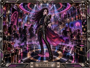 A flamboyant figure commands a dazzling 1980s nightclub, standing atop a giant spinning vinyl record beneath mirrored lights and neon rings. Magenta, violet, blue, and metallic gold reflections fill the scene, while blurred dancers, sweeping fabric, disco architecture, and dramatic spotlights create an energetic, glamorous, surreal atmosphere.