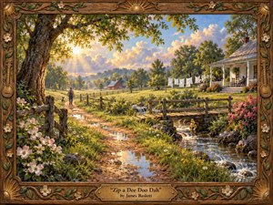 A sunlit country path winds beside a sparkling stream toward a welcoming farmhouse, where flowers, laundry, and distant hills create a cheerful rural calm. Golden morning light filters through an ancient tree, illuminating vivid greens, blues, and warm earth tones. A richly textured oil-painting style is enclosed by an ornate carved wooden frame.