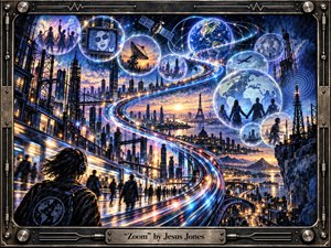 A headphone-wearing traveler overlooks a vast futuristic city threaded by glowing blue, white, and red transit lines that sweep upward in a dramatic S-curve. Floating spheres contain satellites, skylines, crowds, and global imagery, suggesting accelerated communication and change. Cool metallic tones, sunset light, and intricate industrial framing create an energetic, visionary mood.