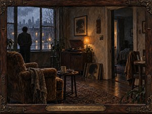 A solitary man stands before rain-streaked windows in a dim, timeworn apartment, surrounded by a record player, faded furnishings, and intimate traces of absence. Cool blue-gray city light contrasts with amber lamplight, creating a quiet, soulful melancholy. Rich painterly textures, reflective floors, and shadowed rooms deepen the sense of longing.