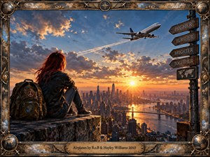 A red-haired traveler sits on a rooftop ledge overlooking a vast river city glowing beneath a golden sunset, while an airplane climbs through dramatic blue-gray clouds. Warm orange light contrasts with cool sky tones, creating a hopeful, reflective mood. An ornate aviation-inspired metal frame, maps, gears, signs, and engraved title plate complete the cinematic digital painting.