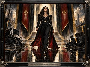 A commanding woman strides through a shattered monumental hall, framed by black stone, crimson banners, and gleaming gold accents. Her tailored dark clothing and flowing red-lined coat reinforce the defiant mood. Warm backlighting, stormy city views, fractured statues, and reflective marble create a cinematic, richly painted vision of strength and self-possession.