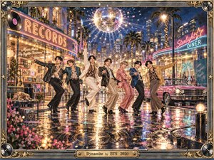 Seven stylish performers dance across a rain-slicked neon boulevard beneath a glittering disco ball. Retro storefronts, palm trees, a pink convertible, and glowing city towers create an exuberant nighttime setting. Vivid pink, gold, blue, and orange reflections amplify the celebratory mood, framed by ornate metallic musical details.