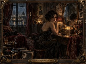 A solitary woman in a black lace gown sits before an antique vanity in a rain-soaked, nocturnal room. Warm amber lamplight contrasts with deep burgundy, bronze, and charcoal tones, creating a sensual, melancholic mood. Vintage records, roses, smoke, mirrors, and ornate metalwork enrich the cinematic, handcrafted noir composition.