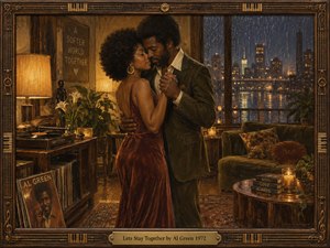 A couple slow-dances closely in a warmly lit 1970s apartment while rain streaks the windows and city lights shimmer beyond. Rich amber, burgundy, olive, and midnight-blue tones create an intimate, soulful mood. Painterly textures, glowing lamps, vinyl records, candles, plants, and an ornate musical frame deepen the romantic atmosphere.