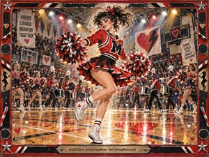 A spirited cheerleader leaps across a glowing gymnasium floor amid marching drums, cheering crowds, and bursts of red, black, and white. Warm spotlights reflect across polished wood as confetti and heart motifs energize the scene. The richly textured, retro mixed-media style captures playful confidence, youthful excitement, and exuberant 1980s spectacle.