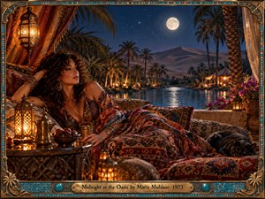 A reclining woman rests among richly patterned cushions beside a moonlit desert oasis, surrounded by palms, lanterns, flowers, and a sleeping black cat. Warm amber light contrasts with deep blue night skies and silver water. Ornate textiles, brass details, turquoise accents, and a decorative frame create a lush, romantic, handcrafted atmosphere.
