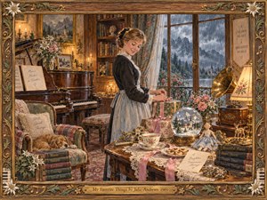 A warmly lit alpine parlor surrounds a graceful woman arranging a ribboned gift beside a polished piano. Rainy mountains shimmer beyond tall windows, contrasting with amber lamplight, floral textiles, books, flowers, porcelain, and nostalgic keepsakes. Richly detailed realism, carved wood framing, and delicate ornament create a comforting, dreamlike atmosphere.