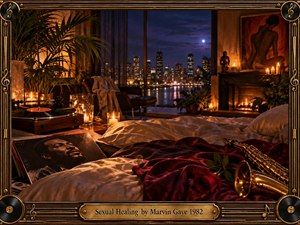 A luxurious moonlit bedroom overlooks a glowing city skyline, blending deep burgundy, amber, gold, and midnight blue. Candlelight, a fireplace, rumpled silk bedding, a saxophone, rose, turntable, and vinyl records create a sensual, intimate mood. Ornate musical framing and warm cinematic realism reinforce the sophisticated 1980s atmosphere.