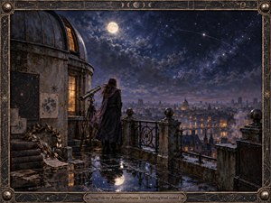 A solitary figure stands beside a brass telescope on a rain-darkened observatory terrace, gazing across a glowing city beneath a vast star-filled sky. Deep blues, charcoal stone, and warm amber windows create a contemplative, wistful mood, while moonlight, reflections, ornate metalwork, celestial diagrams, and a handcrafted antique frame enrich the dreamlike scene.