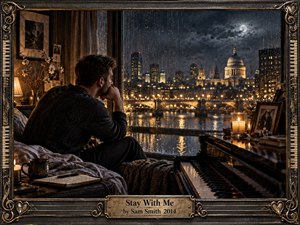 A solitary man sits beside a rain-streaked window overlooking a luminous nighttime city, his posture conveying quiet longing and vulnerability. Warm candlelight and piano reflections contrast with cool blue-gray skies, while photographs, flowers, and a journal deepen the intimate atmosphere. An ornate bronze musical frame gives the cinematic scene a handcrafted, elegiac finish.