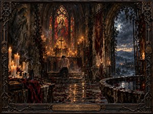 A solitary figure kneels inside a decaying Gothic chapel glowing with candles and stained glass. Deep crimson, bronze, charcoal, and amber tones create a solemn, conflicted mood. Wet stone floors reflect flickering light, while an open arch reveals a stormy landscape beyond. Ornate metalwork and religious imagery intensify the dramatic, painterly atmosphere.