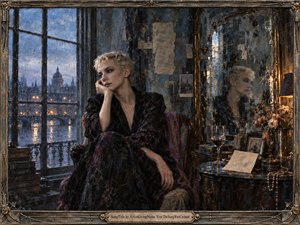 A solitary blonde woman sits pensively beside a rain-streaked window overlooking a blue-gray city at dusk. Her dark floral robe blends into the shadowed room, while warm lamplight glows across an aged mirror, wine glass, faded photographs, flowers, and scattered keepsakes. Ornate metallic framing heightens the melancholic, reflective mood.