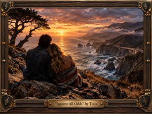 A couple sits closely on rugged coastal rocks, overlooking a winding shoreline at sunset. Golden light cuts through dramatic clouds, illuminating turbulent blue water, distant mountains, and a graceful bridge. Warm amber tones contrast with shadowed cliffs, while the richly textured, realistic painting is enclosed by an ornate bronze musical frame.
