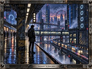 A solitary figure stands on a rain-soaked elevated platform overlooking a dense futuristic city of steel towers, glowing transit lines, and speeding trains. Cool blues, metallic grays, red signals, and warm sunset light create a tense, mechanical mood. Reflective surfaces, industrial framing, and cyberpunk detailing suggest restless urban momentum.