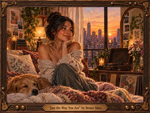 A serene young woman relaxes beside a sleeping dog in a cozy, plant-filled apartment overlooking a glowing city sunset. Warm amber and rose light bathes layered textiles, flowers, photographs, books, and a vintage record player. Rich painterly textures, intimate composition, and an ornate bronze musical frame create a tender, romantic atmosphere.