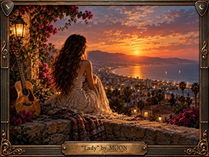 A woman in a flowing cream dress overlooks a glowing coastal city and tranquil bay at sunset, surrounded by bougainvillea, lantern light, and an acoustic guitar. Warm amber, rose, and violet tones create a romantic, reflective mood, while ornate metallic framing and intricate textures give the scene a richly handcrafted, cinematic quality.