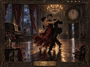A dramatic couple sweeps across a decaying ballroom in a passionate dance, framed by storm-lit windows, a glowing chandelier, and a looming midnight clock. Deep burgundy, bronze, and shadowy blue tones create a melancholic, urgent mood. The painterly style, reflective floor, scattered roses, ornate musical frame, and engraved title plate enrich the scene.