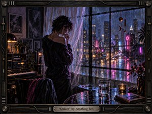 A solitary figure stands beside a rain-streaked loft window overlooking a neon-lit city at night. Violet, blue, and amber reflections shimmer across glass and polished surfaces, creating a wistful, introspective mood. Synthesizers, plants, candles, and celestial ornaments enrich the handcrafted noir composition, framed by dark metallic musical detailing.