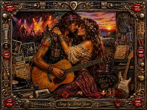 A passionate couple embraces at sunset while an acoustic guitar anchors a richly layered rock-and-roll collage of concert lights, vintage photographs, backstage memorabilia, records, amplifiers, drums, and desert scenery. Deep reds, golds, purples, and amber glow create a romantic, nostalgic mood, rendered in a highly textured oil-painting style within an ornate metallic music-themed frame.